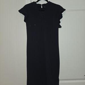 New York & Company Black Midi Dress with Ruffle Sleeves